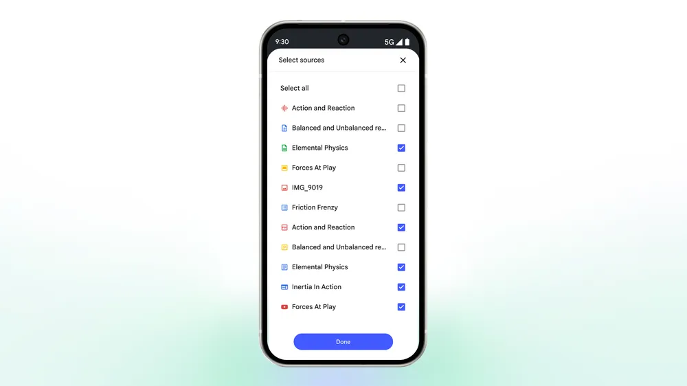 NotebookLM mobile source selection for flashcards and quizzes